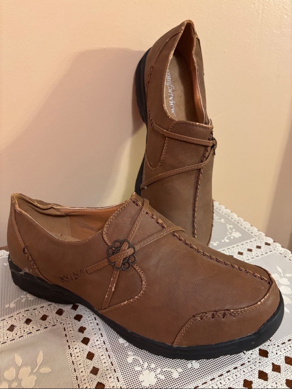 comfortview Brown Casual Leather-Look Flats with Decorative Button